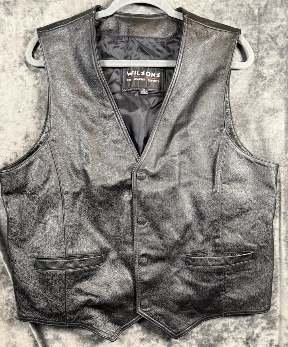 Wilsons Leather Black Genuine Leather Vest Mens Large Button Front Classic